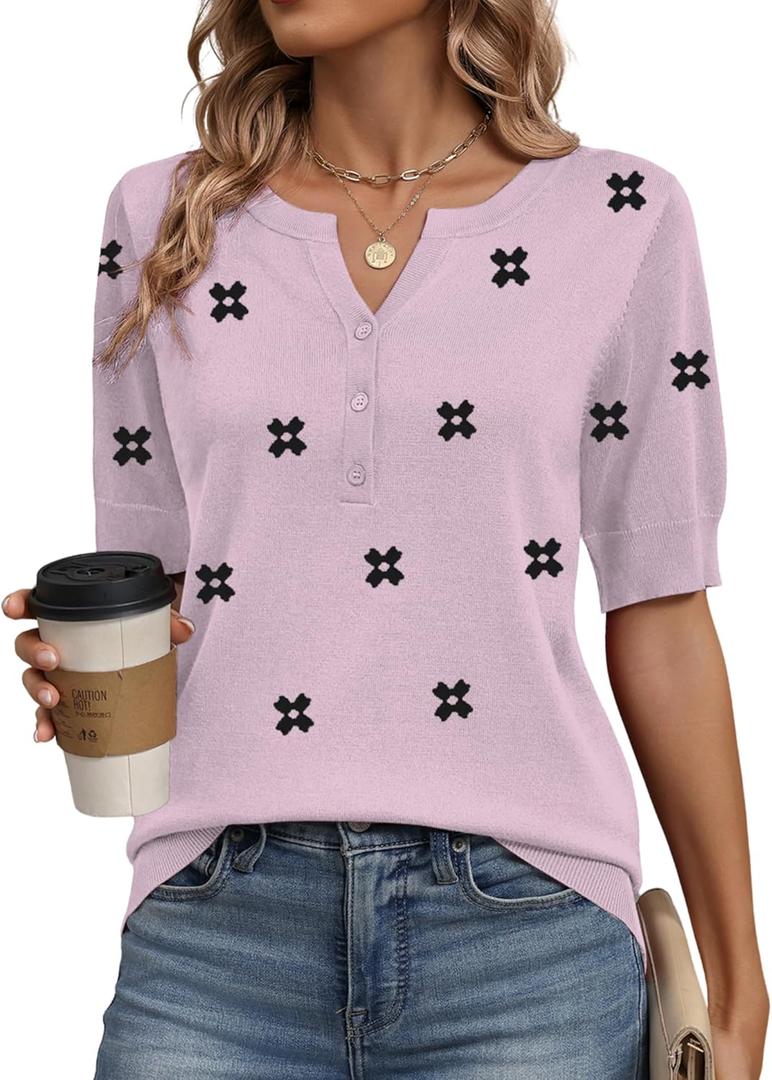 Zeagoo Women's Short Sleeve Sweater 2026 Spring Summer Tops Lightweight Casual V Neck Sweaters Dressy Work Blouses Clothes (Purple, M)