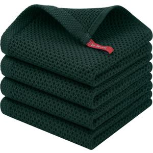 Homaxy 100% Cotton Waffle Weave Kitchen Dish Cloths, 4-Pack Ultra Soft Absorbent Dish Towels, Quick Drying Dish Rags, 12 x 12 Inches, Blackish Green