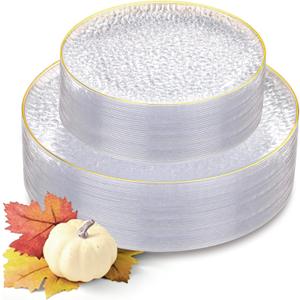 Hioasis 60pcs Clear Plastic Plates - Gold Rimmed Disposable, Hammered, Heavy-duty Dinnerware Set Suitable for 30 Guests, 10.25" Dinner & 7.5" Dessert Plates for Party & Wedding