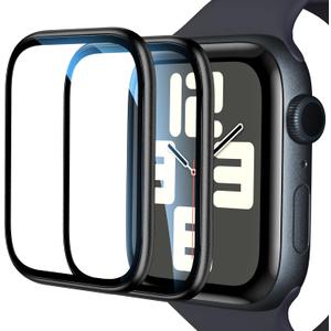 EWUONU [2 Pack] for Apple Watch Screen Protector 44mm SE 3/2 SE Series 6 5 4, Titanium Alloy Bumper + Tempered Glass, Full Coverage Waterproof Non-Bubble Anti-Scratch HD Clear Film for iWatch 44mm,Black