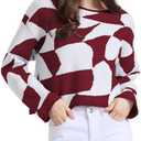 Pack Of 3 Blocac Women's Sweaters Color Block Cropped Sweater Tops Long Sleeve Loose Pullover Knit Jumper Top Checkered Fall Fashion, L