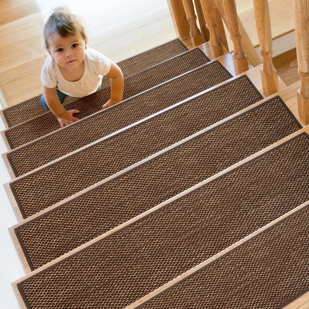 Stair Treads Non Slip for Wooden Steps Indoor 15 Pack 8" X 30" Carpet Stairs Runner for Wood Stairs, Stair Tread Rugs with Reusable Adhesive for Dogs Kids and Elders, Machine Washable, Brown