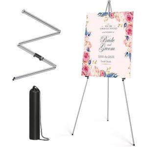 Display Artist Easel Stand - 63" Instant Tripod Collapsible Portable Floor Easel - Easy Folding Adjustable Art Poster Metal Stand for Display Show, Wedding, Painting - Silver