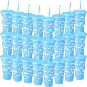 Havawish Blue White Clouds Party Plastic Tumbler Bulk Gifts with Lid and Straw 24 oz Cartoon Story Party Reusable Cups Cartoon Story Birthday Supplies Favors(24 Pcs,24 oz)