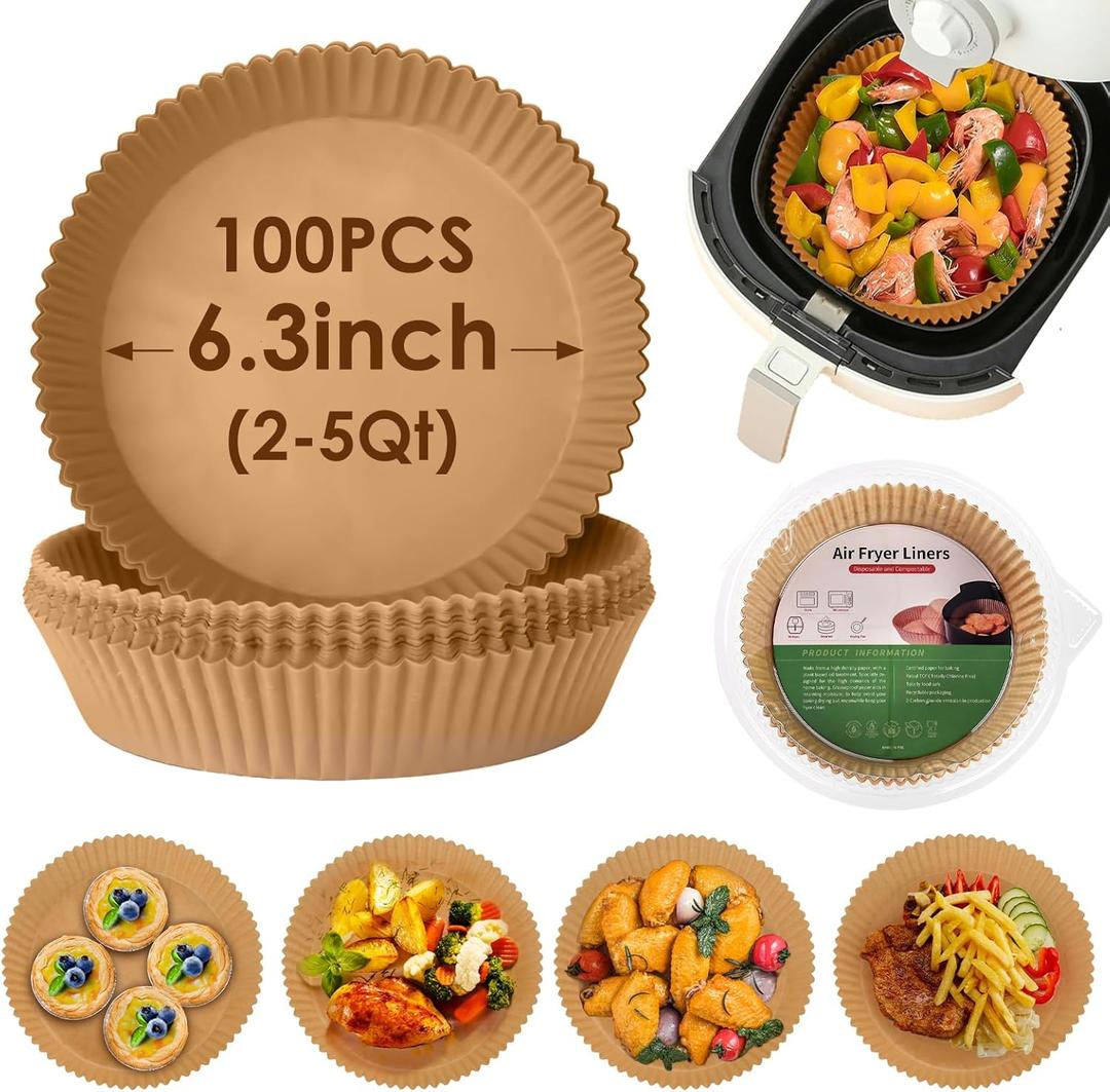 100Pcs Air Fryer Disposable Paper Liner, Non-stick Air Fryer Airfryer Parchment Paper Liners Round, Grease Proof Bakery Baking Paper for Air fryer Basket Roasting, Oil-proof, Food Grade (6.3 Inch)