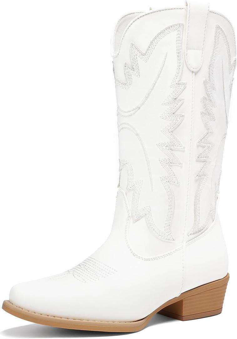 DREAM PAIRS Cowboy Boots for Women Cowgirl Western Mid Calf Boots Snip Toe Embroidered Stitched Low Chunky Heel Pull On Fashion Boots (9, White)