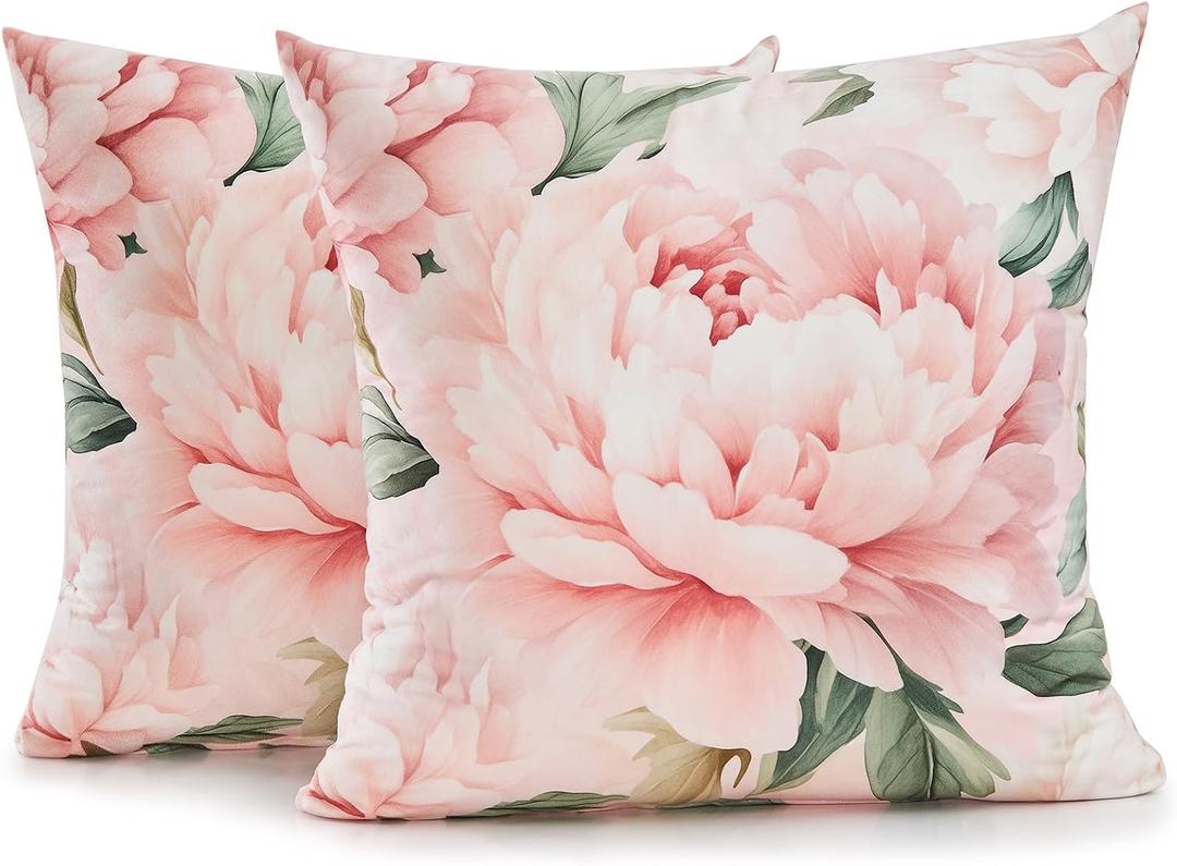 Pink Peony Floral Throw Pillow Covers 18x18 Set of 2, Soft Velvet Decorative Cushion Cases, Shabby Chic Farmhouse Home Decor for Sofa Couch Bed