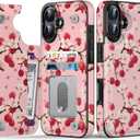 FUNMIKO for iPhone 16 Wallet Case with Card Holder, RFID-Blocking, Military-Grade Protection & UV-Printed Artwork, Magnetic Closure with Leather Kickstand - Cherry Blossom