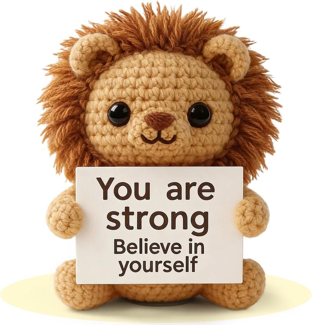 2 x Positive Crochet Animals Lion - Handmade Emotional Support Crochet Doll Desk Decor Pickle Gifts Emotional Support Plush for Anxiety & Stress Relief Love Gift, 5.5 inches