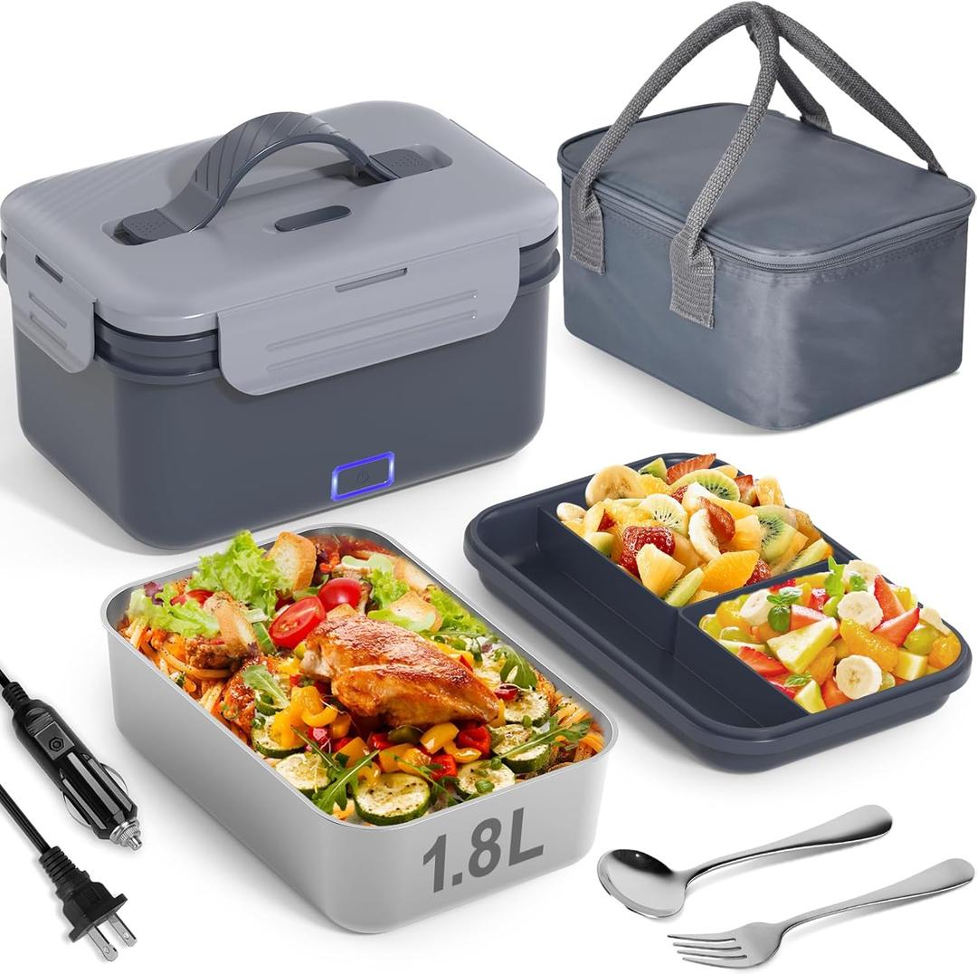Vabaso 1.8L Electric Lunch Box for Adults, 100W Heated Lunch Box for Car/Truck Home/Work, Portable Food Warmer Heating LunchBox with 61oz Stainless Steel Container, 12V/24V/110V/220V (Eternal Gray)