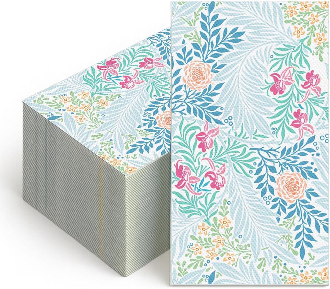 100 Pcs Disposable Hand Towel, Vintage Floral Bird Paper Napkins Watercolor Guest Napkins Wild Flower Bird Decorative Paper Guest for Bathroom Birthday Party Baby Shower (Blueflower)