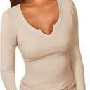 PALINDA Women Fitted Long Sleeve Shirts Ribbed Notch V Neck T Shirts Layering Tee Tops (Beige, S)