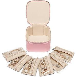 Vlando Jewelry Travel Case,Travel Jewelry Organizer with Clear Velvet Jewelry Bags 6Pcs Zipper Pouch for Women Girl Traveler Gift-Strawberry, Pink