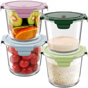 Freshmage 23 Oz Glass Meal Prep Containers with Lids, Airtight 3-Cup Glass Storage Containers Set, Heat-Resistant BPA-Free for Soup, Leftover, Microwave, Dishwasher, Fridge and Freezer Safe (4 Packs) (Multicolor+Dark Green)