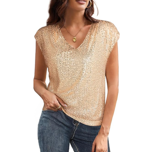GRACE KARIN V Neck Sequin Short Sleeve Tops for Women Elastic Sparkly Tank Top for Party (XX-Large, Black)