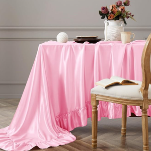 Vonty Ruffle Tablecloth Pink Satin Tablecloth - 60" x 102", Silky Table Cloth Rectangle Scalloped Table Cloth Farmhouse Tables Cover Silk Tablecloths Vintage Tables Skirt for Kitchen Dining