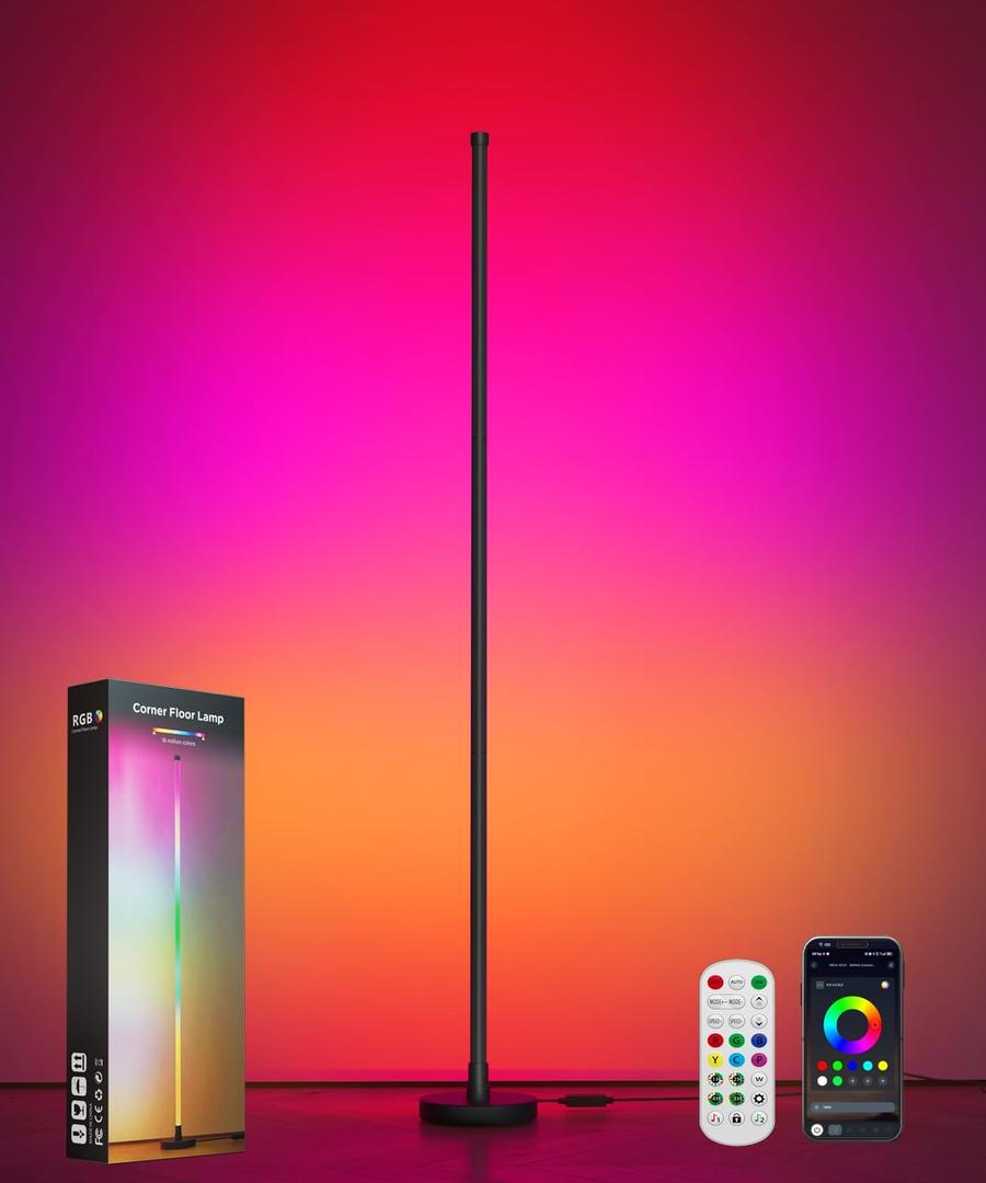 Smart RGB LED Corner Floor Lamp, Standing Lamp with Music Sync and 16M+ DIY Colors, Remote & App Control, Color Changing Ambient Lighting, Floor Lamps for Living Room, Bedroom and Party
