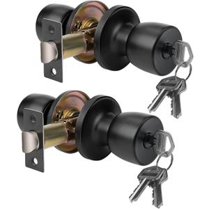 2 Pack Matte Black Round Ball Doorknob with Key Door Knob Passage Door Privacy Locking Interior/Exterior Door Knob/Berlin Series Lock for Room Door (Different Keys 2Pack)