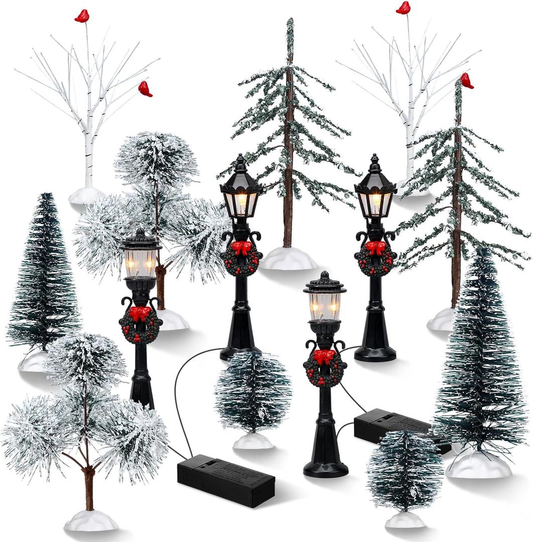 14 Pcs Christmas Accessories Village Figurine Miniature Pine Trees Snow Artificial Christmas Trees Bare Branch Tree Street Lamps for Xmas DIY Crafts Winter Room Landscape(Exquisite Style)