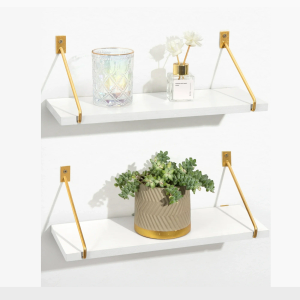 SUMGAR 24 Inch Floating Shelves Long Shelf for Wall Decor, White/Gold Large Wood Wall Mounted Hanging Storage Shelves with Black Metal Brackets for Bathroom Kitchen, Set of 2 (22.8"5.7)