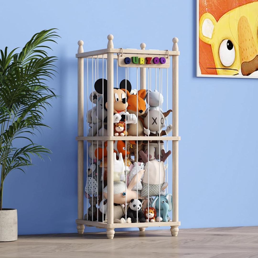 Stuffed Animal Storage Wood Toy Storage Organizer, Upgraded Design from Bean Bag Stuffed Animal Hammock Plushie Net, Large Toy Chest Stuffed animal holder for Kids Nursery Playroom Bedroom L