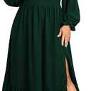 Womens Plus Size Wedding Guest Cocktail Dress Sweetheart Neckline Long Sleeve Smocked Ruffle Slit Maxi Dresses, Size 1XL