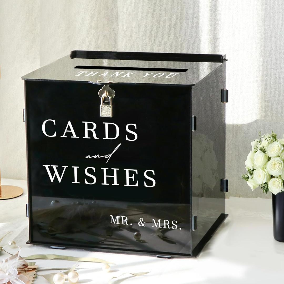 Black Acrylic Card Box with Slot & Lock, DIY Large Wedding Card Boxes for Reception, Elegant Money Envelop Gift Cards Box for Party Wedding Birthday Baby Shower Graduation Table Decor