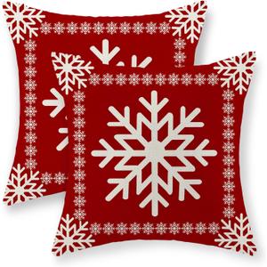 Christmas Pillow Covers - 20x20 Set of 2 Winter Snowflake Pillowcases - Red Throw Pillows - Farmhouse Holiday Linen Decorations - Outdoor Cushion Covers for Sofa Couch Home