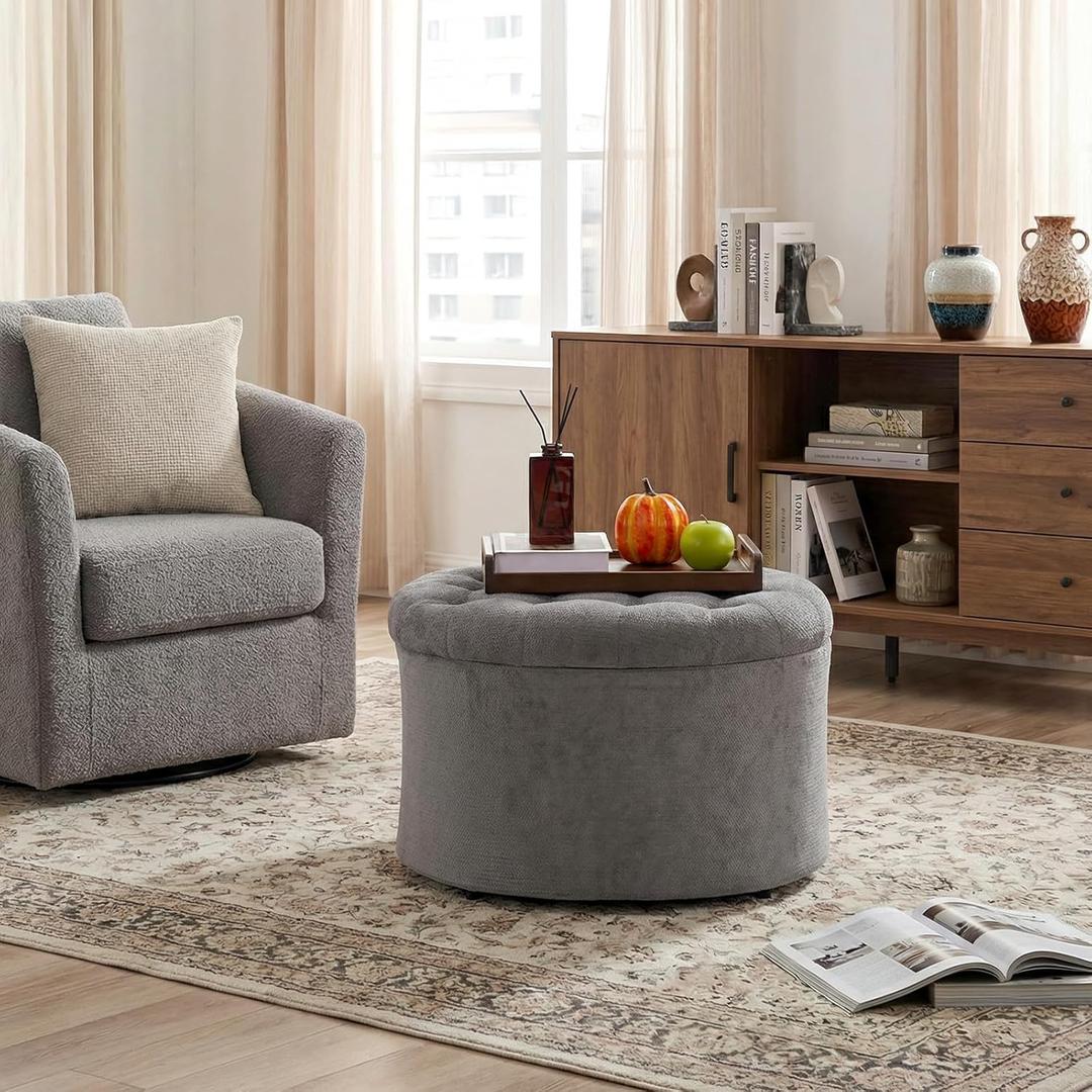 ONBRILL 25" Ottoman with Storage, Round Pouf Ottoman Foot Rest, Small Storage Foot Stool for Couch Bedroom Living Room, Books, Blankets & Kid's Toy Box, Load up to 220 lbs, Grey