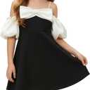 WELAKEN Puffy Sleeve Bowknot Dress for Girls Toddler & Kids II Little Girl's Spaghetti Strap Party Dresses, 10 Y Black,Champagne