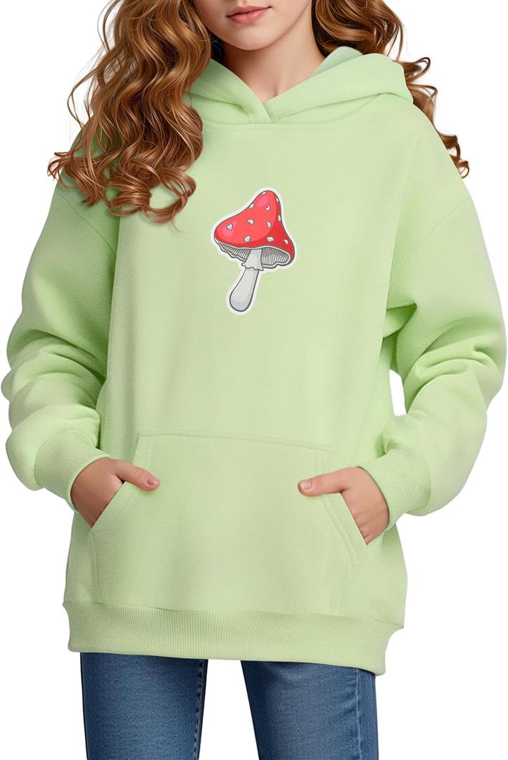 Cubear Girls Hoodie Sweatshirt Cute Long Sleeve Fleece Pullover Top with Pocket Graphic Print Soft Warm for Kids (13-14 Years, Green)