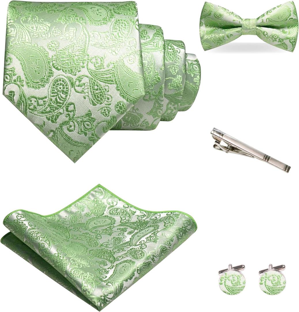 Mens Paisley Tie and Pre-tied Paisley Bow Tie with Pocket Square Cufflinks Clip Set (Sage Green)