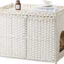 SETVSON Cat Litter Box Enclosure Furniture, Handwoven Rattan Hidden Litter Box with Mat, Large Space Cat House with 2 S-Shaped Hooks 30.3 x 18.3 x 24.4 Inches, Indoor for Living Room Apartment White