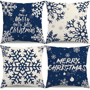 KISVODS Christmas Pillow Covers 16x16 Blue Christmas Decorations Snowflake Throw Pillow Covers Merry Christmas Winter Holiday Decor Xmas Cushion Case for Sofa Couch Set of 4