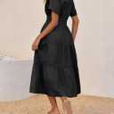 Wenrine Womens Summer Short Sleeve Maxi Dresses Casual V Neck Smocked Loose Tiered Flowy Shirt Dress with Pockets (Black, XL)