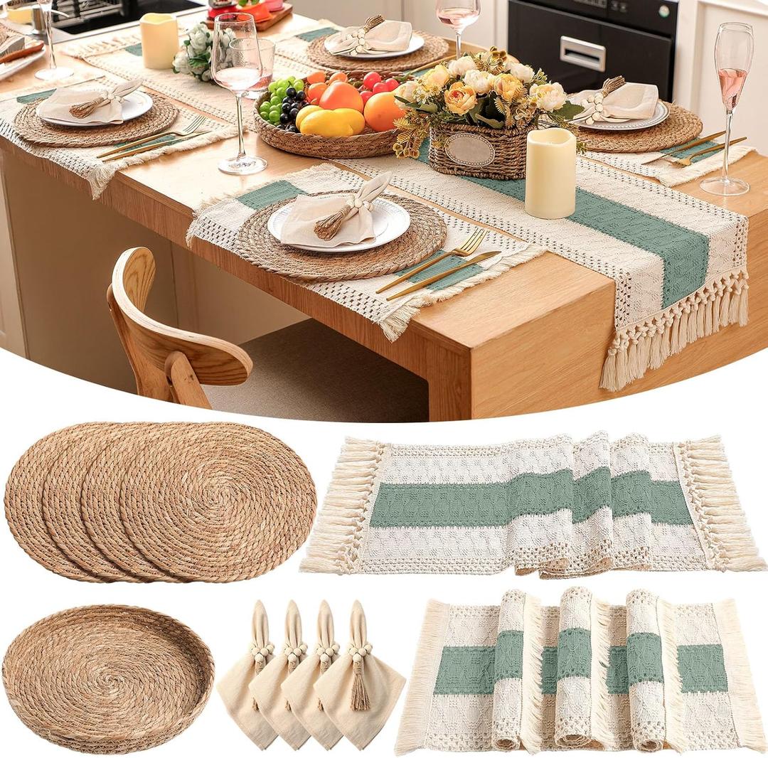 GANDEER 6 Sets Boho Placemats: Round Woven, Rectangular Boho, Wooden Bead Napkin Rings, Cloth Napkins, Long Table Runner & Storage Basket - Natural Burlap Cotton for Kitchen Dining Table Home
