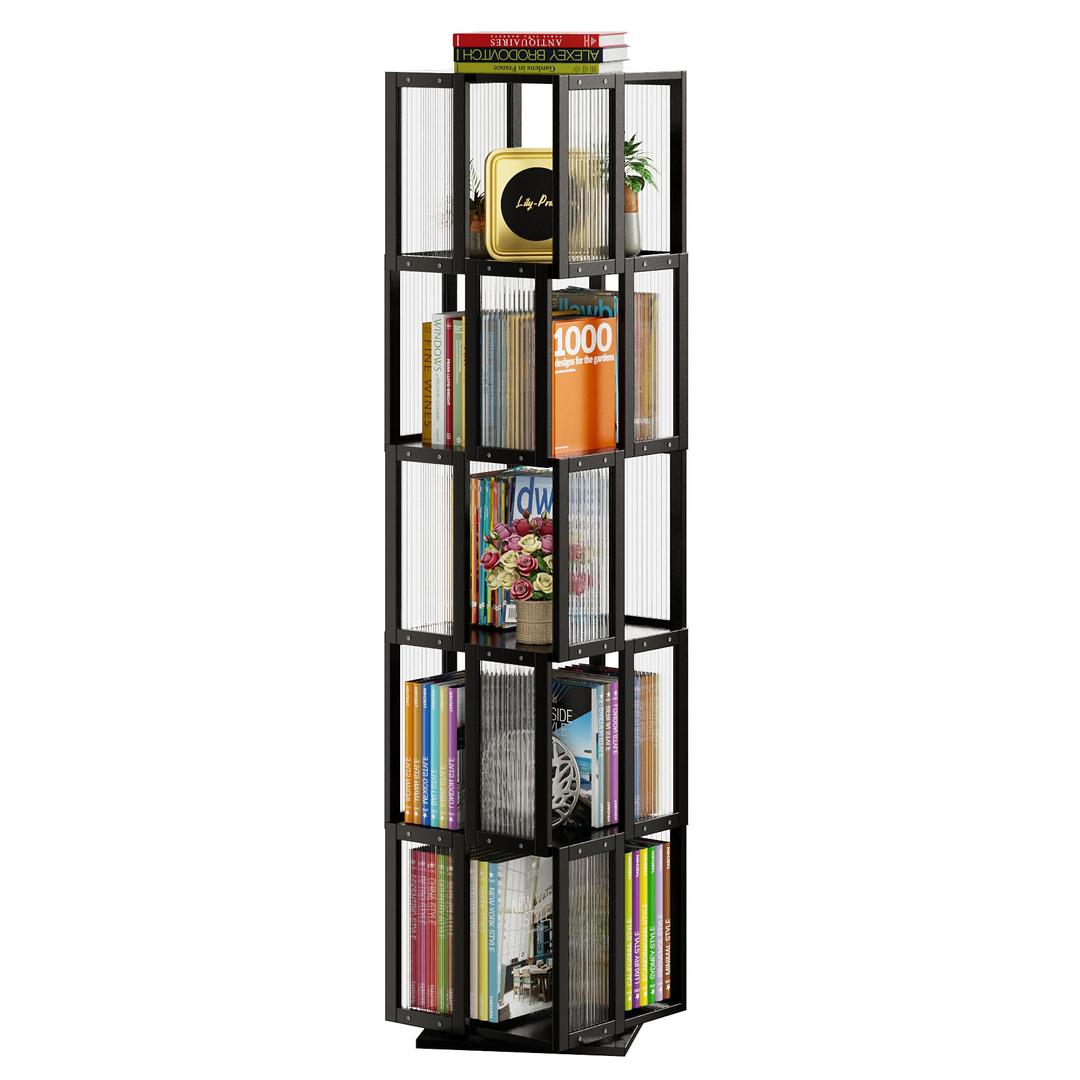 BAMEOS Solid Wood Rotating Bookshelf Tower 5 Tier360Storage Spinning Bookcase, Black Cube Corner Bookshelf for Office,Bedroom and Living Room