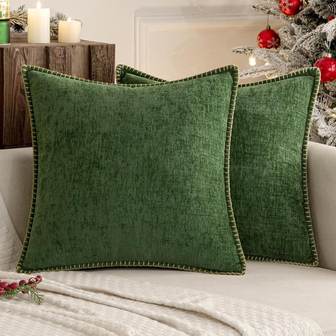 MIULEE Pack of 2 Christmas Couch Pillow Covers 18x18 Inch Moss Green Farmhouse Decorative Throw Pillow Covers with Stitched Edge Soft Chenille Solid Dyed Pillow Covers for Sofa Bed Living Room