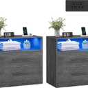VASAGLE Custos Collection - Set of 2, 23.6 Inch Wide Nightstands with Charging Station, LED Lights, Modern Night Stands, Side End Tables with Drawers, Open Shelf, 2 AC Outlets USB Ports, Misty Gray, 2 PACK