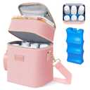 PIIOSER Breastmilk Cooler Bag with Ice Pack Fits 6 Baby Bottles Up to 9 Ounce, Insulated Baby Bottle Tote Bags, Double Layer Waterproof Leak-Proof with Shoulder Strap for Nursing & Working Mom (Pink)