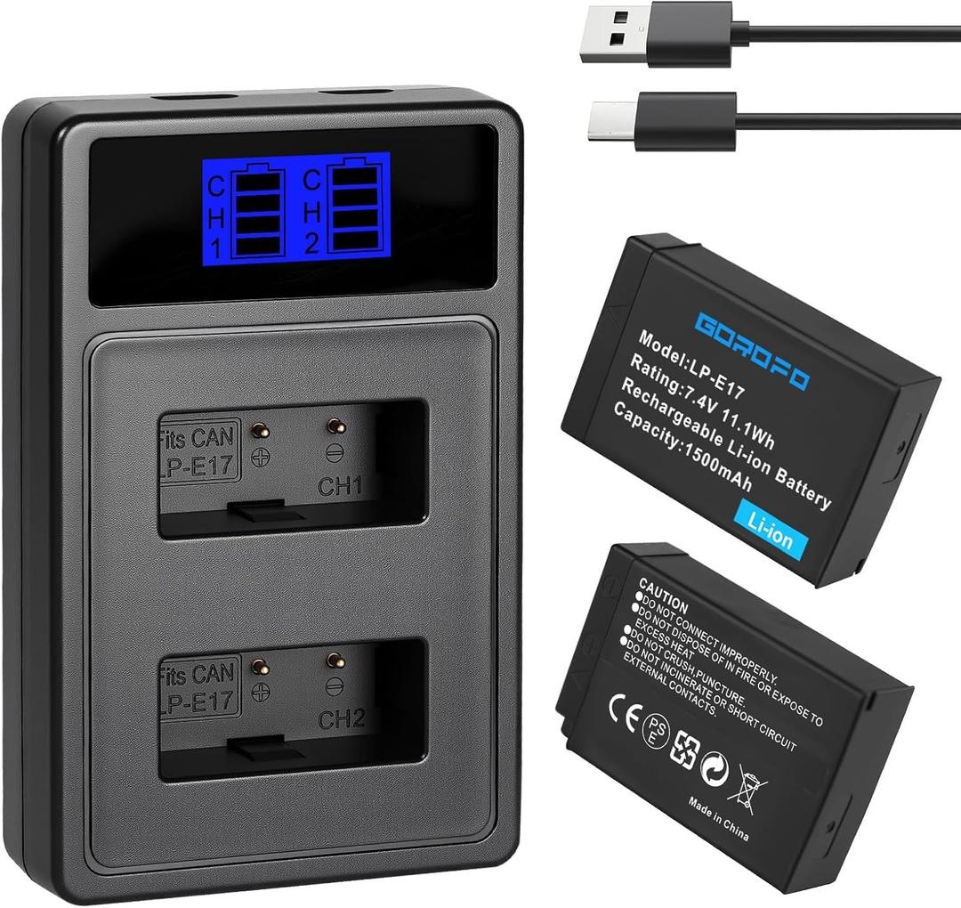 2-Pack LP-E17 Battery and LCD Dual Charger Set, for Canon EOS R100 R50 R10 R8 RP,Rebel T8i, T7i, T6i, T6s, SL3,SL2, EOS M3, M5, M6, EOS 8000D, 200D, 77D, 750D,760D, 800D Digital SLR Camera