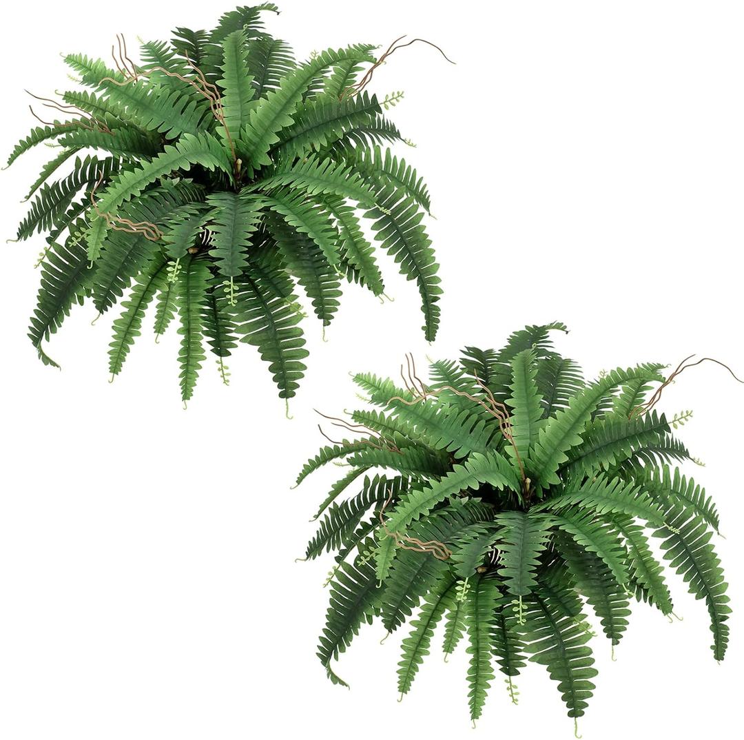 35 Artificial Boston Fern Bush Plant, 2 Faux Ferns for Outdoors Large, Fake Ferns Realistic Artificial Plants with 39 Fronds for Garden Porch Patio Home Office Living Room Decor Green