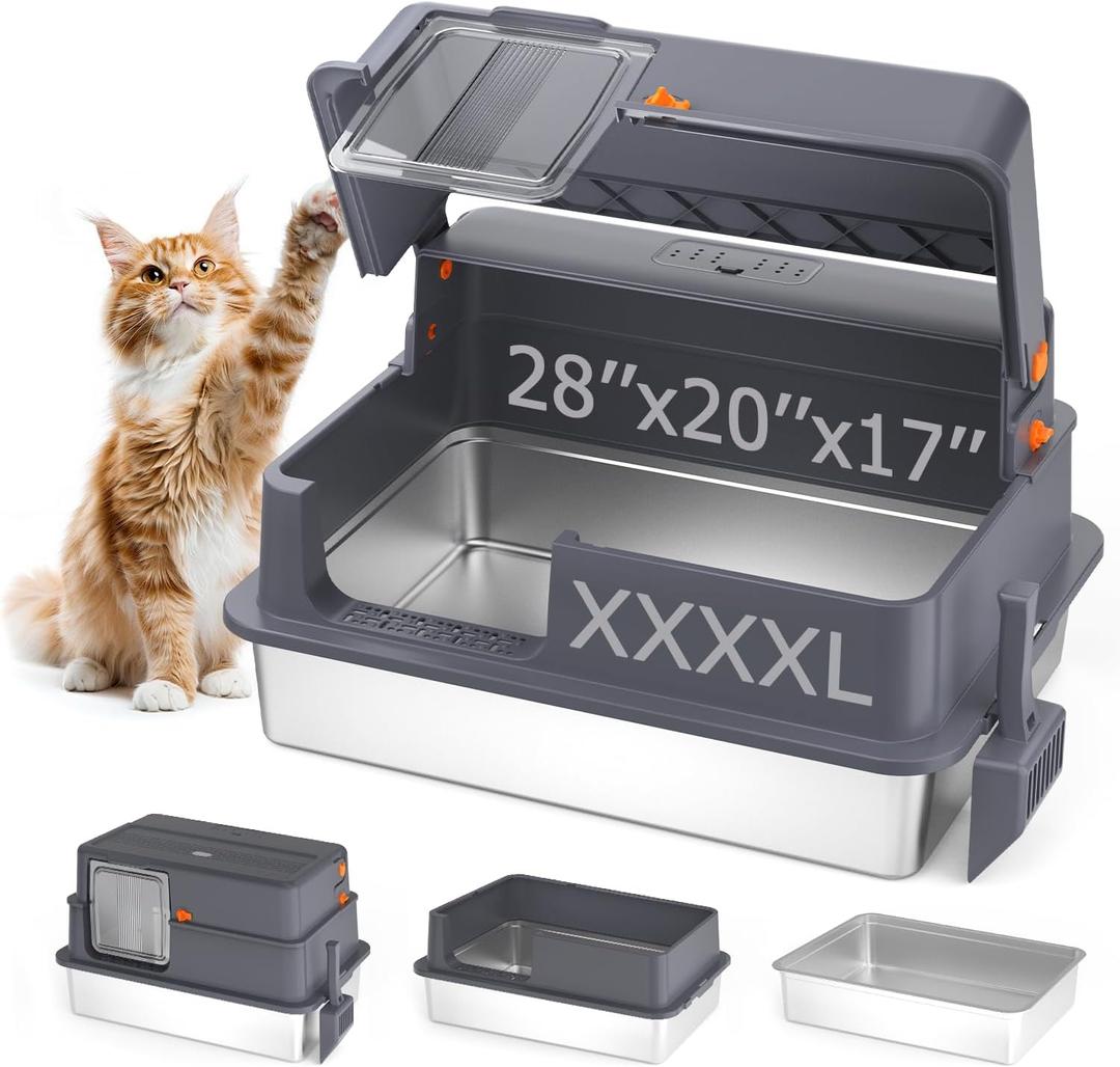 Enclosed XXXL Stainless Steel Litter Box, 28" L x 20" W x 17" H, Side Entry Extra Large Metal Cat Litter Box with Lid for Big & Multiple Cats, Removable Enclosure, Anti-Leakage,Easy to Clean