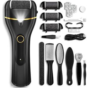 Callus Remover for Feet, Electric Foot Callus Remover Waterproof with 3 Rollers 2 Speed Battery Display,17 in1 Rechargeable Foot File Pedicure Kits for Dead Hard Cracked Dry Skin