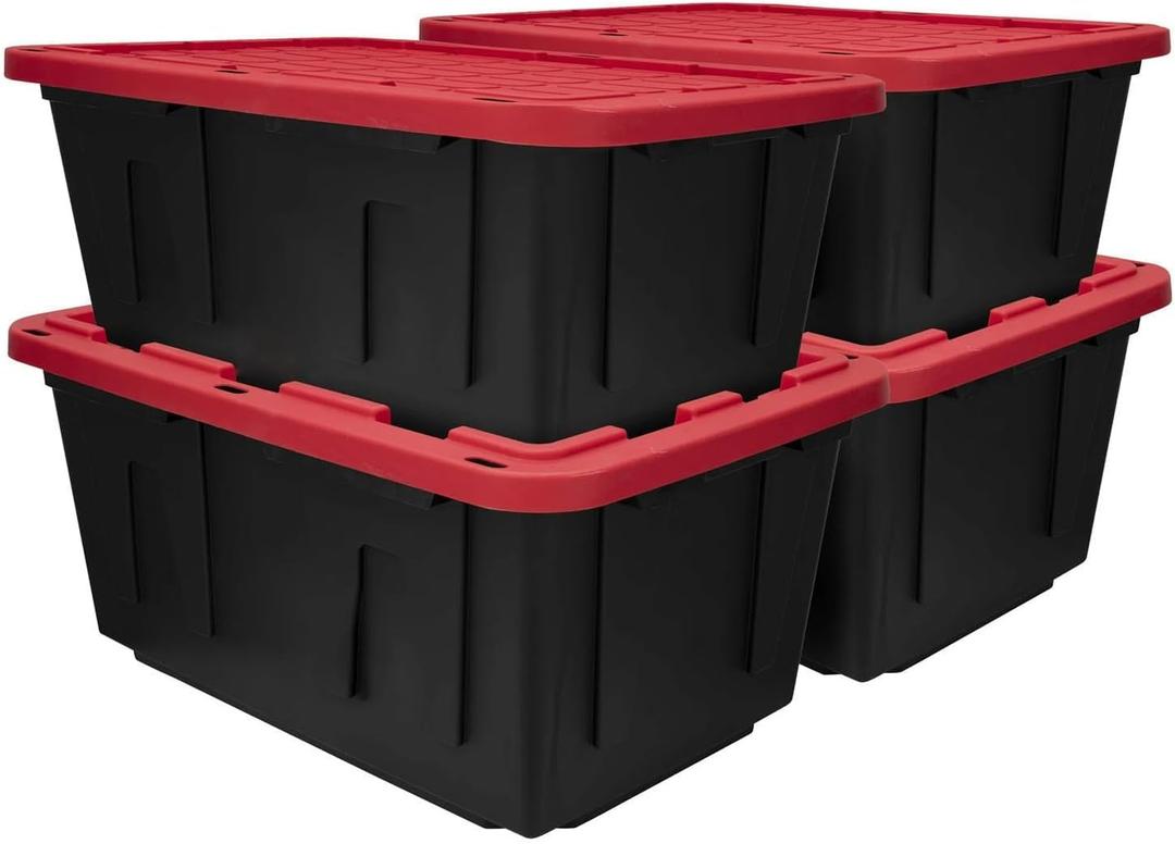 12 Gallon Large Storage Bin with Snap Lid, Black and Red, Heavy Duty Plastic, Stackable, 30.6x20.6x14.3 Inches, Set of 4 (12 Gallon, 4)
