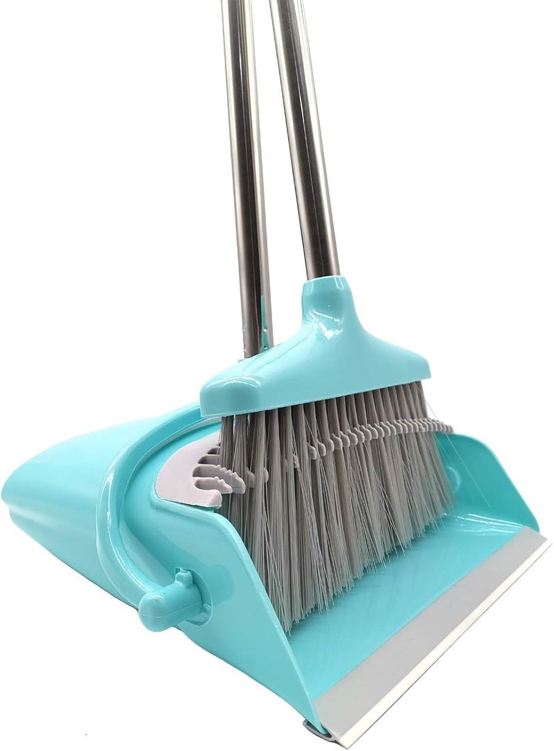 Extendable Long Handle Broom and Dustpan Set, Stainless Lightweight Upright Standing Broom and Dustpan Combo for Kitchen Lobby Office Living Room Household Indoor or Outside (Light Blue)