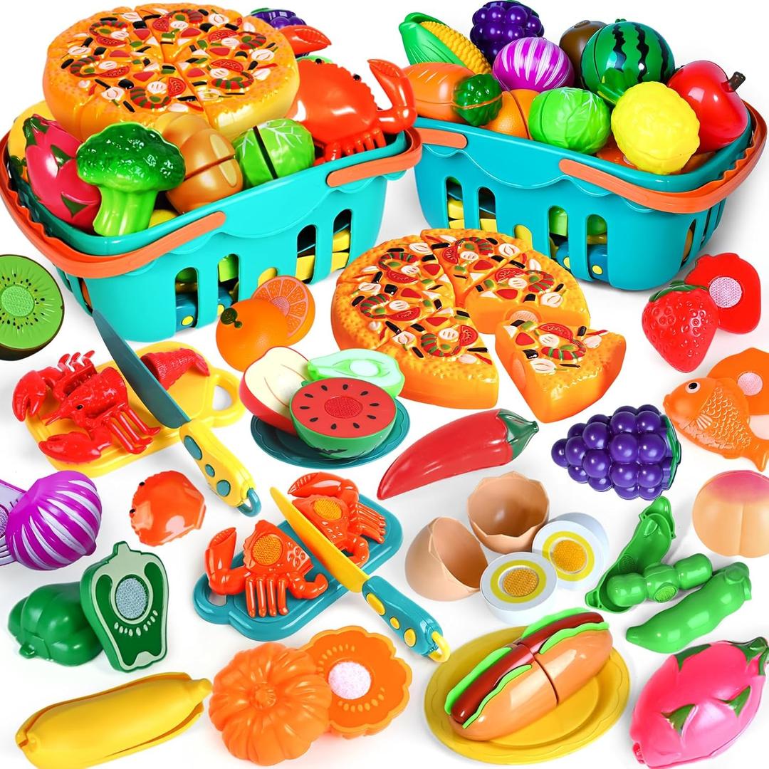 100 PCS Cutting Play Food Toy for Kids Kitchen, Pretend Food Toys for Toddlers, Play Kitchen Toys Accessories with 2 Baskets, Fake Food/Fruit/Vegetable, Birthday Gifts for 3 4 5 Years Old Boys Girls (Blue)