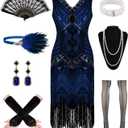 1920s Dresses for Women, Flapper Dress Lace Fan Feather Headband Sequins Beads Fringes 20s Accessories Vintage Mafia Costume (3X-Large, Blackblue)