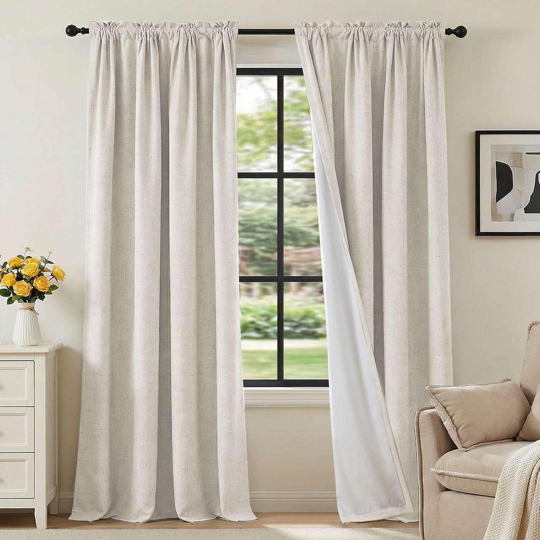 H.VERSAILTEX Linen Look 100% Blackout Curtains 84 Inches Long for Bedroom Full Light Blocking Rod Pocket Linen Textured Thick Window Curtain Drapes with White Backing, Ivory, 2 Panels