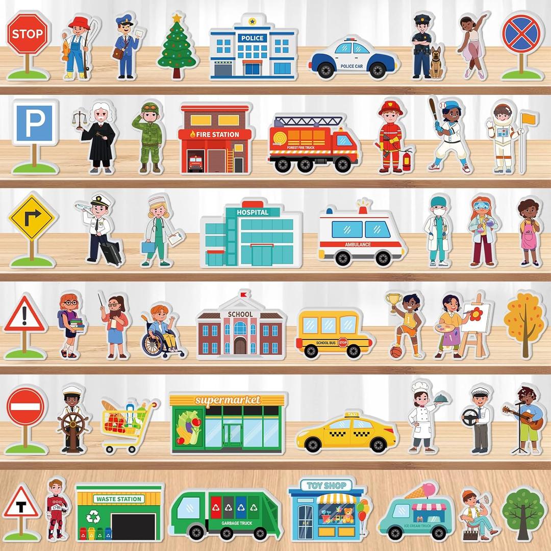 Gemscream 50 Pcs Wooden Community Helpers Wooden Blocks Kids Pretend Toys Multicultural Career Wood Blocks for Preschool Classroom Play Educational Activity Supplies(Classic)